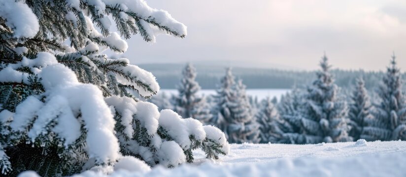 Snow-covered fir branches in front of a wintry landscape. High quality photo for wallpaper, travel blog, or article.