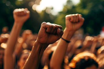 sea of raised fists at a protest, symbolizing collective strength and determination for a shared cause in a minimalistic photo