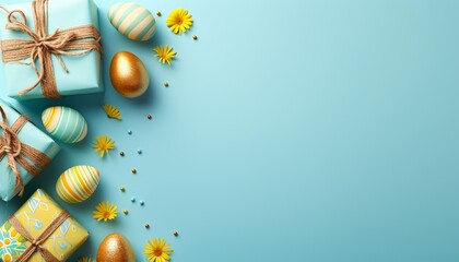 Top view easter background with light blue, gift boxes, and gold eggs in flat lay style