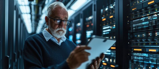 Elderly admin uses tablet to analyze server cyber threats caused by unsecure network connections. Skilled employee safeguards high-tech area from DDoS attacks. - obrazy, fototapety, plakaty
