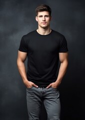 young male model in a black T-shirt on a gray background
