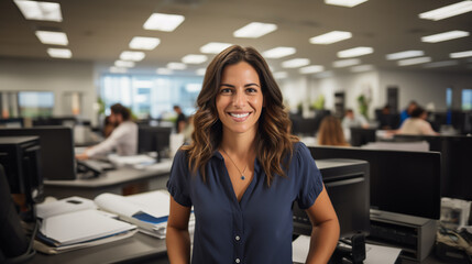 Latina business woman smiling in an office out of focus