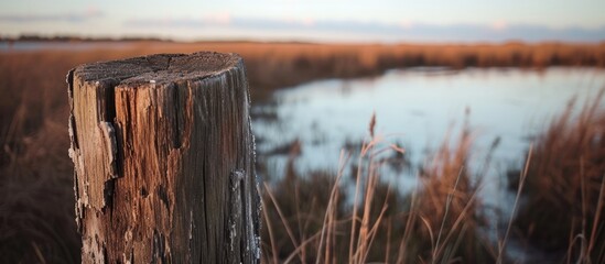 Wooden log in focus near pink salt marsh.