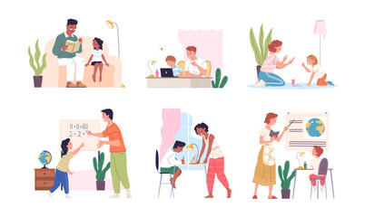 Fototapeta premium Parents homework. Father and mother teaching kids, parent acting mentor or tutor, family helping support home study education, dad control child learning classy vector illustration