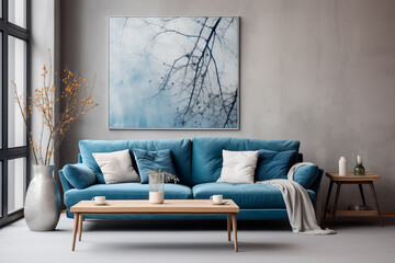 Interior desing of a living room with blue tones, minimalist living room. Generative AI