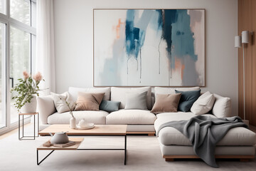 Interior desing of a living room with gray and blue tones, minimalist living room. Generative AI