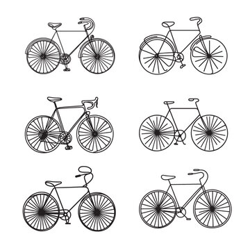 a set of bicycles in one line. Vector illustration. A set of minimalist bicycles in one line