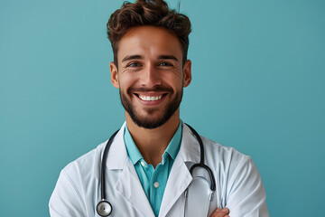Smiling happy doctor pointing with finger on blue background - obrazy, fototapety, plakaty