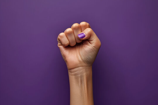 Raised purple fist of a woman for international women's day and the feminist movement. March 8 for feminism, independence, freedom, empowerment, and activism for women rights