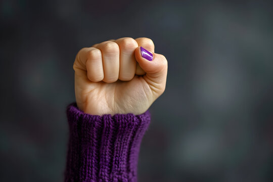 Raised purple fist of a woman for international women's day and the feminist movement. March 8 for feminism, independence, freedom, empowerment, and activism for women rights