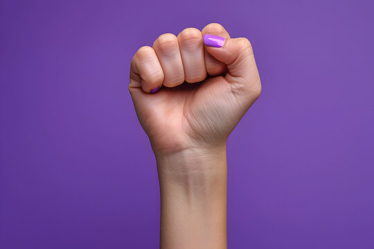 Raised purple fist of a woman for international women's day and the feminist movement. March 8 for feminism, independence, freedom, empowerment, and activism for women rights