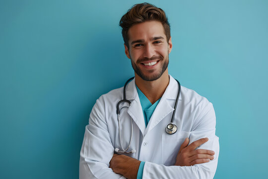 Smiling happy doctor pointing with finger on blue background