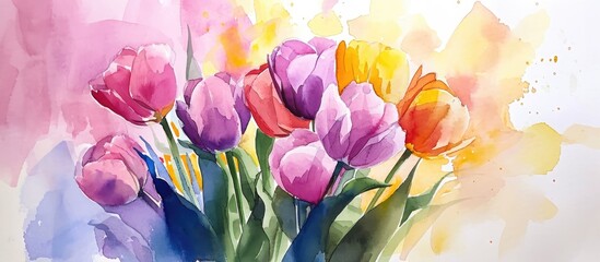 Discounts on spring drawing course with tulip bouquet and watercolor flowers using authentic clay jar brush set. - obrazy, fototapety, plakaty