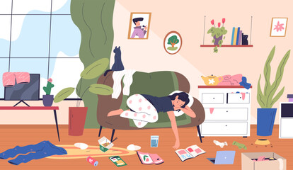 Lazy woman room. Apathetic sad girl relax lying on couch untidy apartment home disorder with dirty socks or trash, indifference women depression concept classy vector illustration - obrazy, fototapety, plakaty