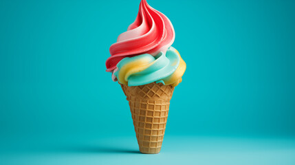 ice cream cone with colorful frosting 3d render on blue background