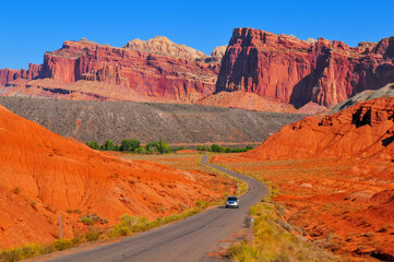 Mid-morning on the Scenic Drive through the Capitol Reef National Park, Utah, Southwest USA.