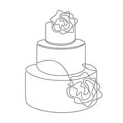 Hand drawn layer cake with rose flowers vector. One line continuous drawing. Linear dessert icon. Minimal design, print, banner, cafe card, bakery brochure, logo, sign, wedding symbol, menu.