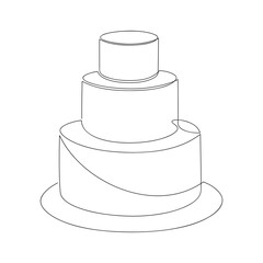 Layer cake vector. Hand drawn illustration. One line continuous drawing. Linear dessert icon. Minimal design, print, banner, cafe card, bakery brochure, logo, sign, wedding symbol, menu.