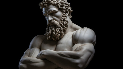 Ancient thinker, Philosopher. Marble statue of an ancient beard muscular man, with his arms crossed, thinking, looking down