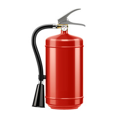 Obraz premium Red Dry Powder Fire Extinguisher with nozzle isolated on white background. Portable fire extinguishing equipment from fire department. Professional tool or instrument. Realistic 3D vector illustration