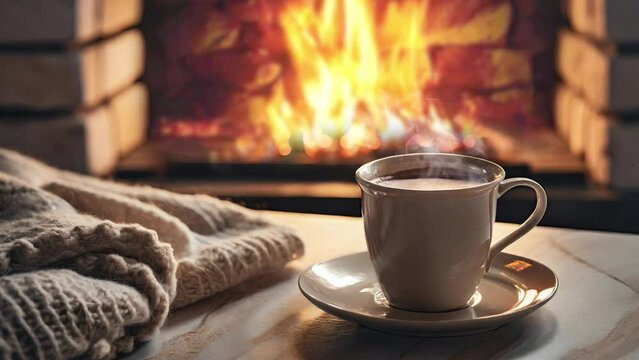Warmth by the Fire: Cozy Cup of Coffee and Knit Blanket Near a Crackling Fireplace for Ultimate Relaxation and Comfort