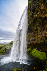 Obraz premium Tourists walking under the popular Seljalandsfoss waterfall, southern Iceland.