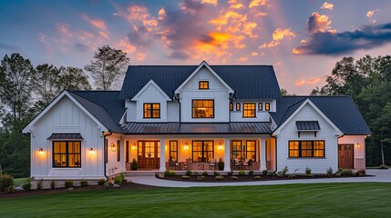 Beautiful modern farmhouse style luxury home exterior at twilight - obrazy, fototapety, plakaty