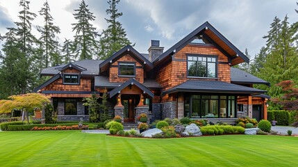 Beautiful, traditional luxury upscale house home exterior with windows, stained cedar wood shingle siding, painted trim and lawn garden landscaping - obrazy, fototapety, plakaty