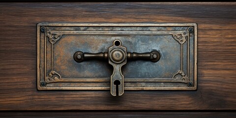 Closeup of isolated vintage bronze metal drawer pull with keyhole.