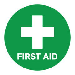 First aid sign, health cross medical symbol, medicine emergency illustration icon, safety design. Green circle and white cross symbol with FIRST AID text below, vector illustration isolated on white. - obrazy, fototapety, plakaty