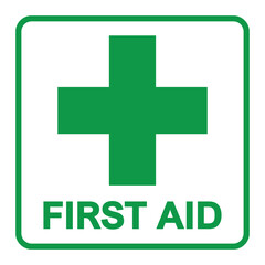 First aid sign, health cross medical symbol, medicine emergency illustration icon, safety design. Green square and green cross symbol with FIRST AID text below, vector illustration islated on white.