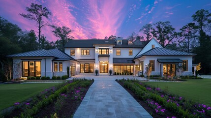 Exterior Modern Farmhouse at Dusk with Pink and Blue Sky