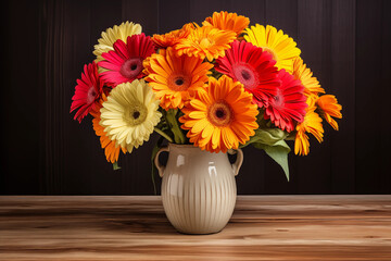 A vibrant bunch of gerbera flowers on a wooden table