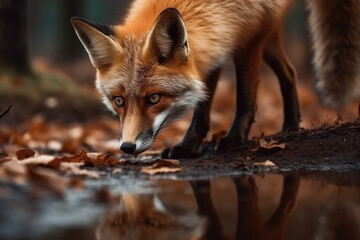Red Fox Drinks Water From Puddle Of Water In Autumn Forest
