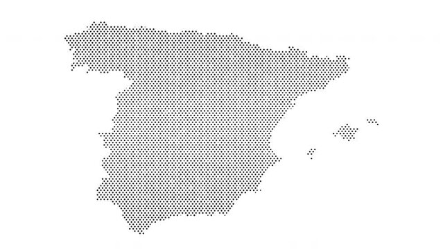 Spain map from particles, dots. Digital silhouette. Abstract animation background.