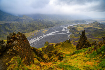 Majestic view of the Kross&aacute; river valley from the summit of Mount Valahn&uacute;kur, Thorsmork National Park, Iceland.