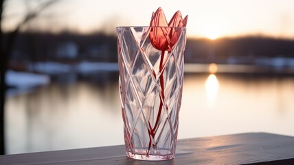 Valentin's Day A crystal-clear vase holding a single red tulip, its petals delicately kissed by morning dew, set against a backdrop of a sunrise-painted sky -Generative Ai