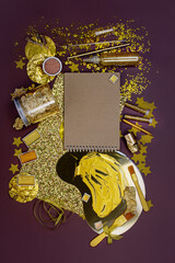 Gilding accessories in golden color. Gilded elements in art objects and paintings by artists using gilding.