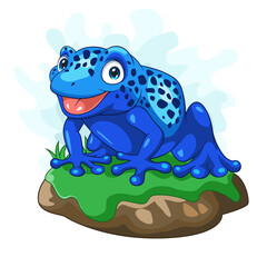 Cartoon happy blue frog on white background