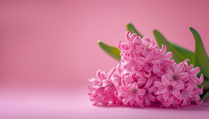 Fototapeta premium Spring banner, hyacinths on a pink background, copy space for text