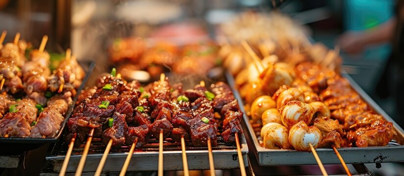 Street food carts selling barbecue with a variety of chicken and pork organs in close-up photo.