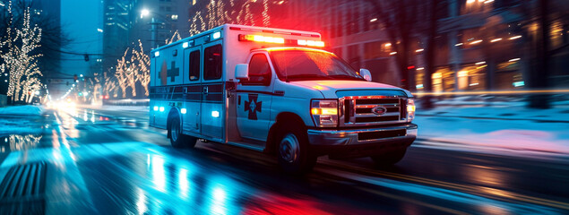 Ambulance Van on a wide city street. Emergency vehicle with warning lights and siren moving fast an...