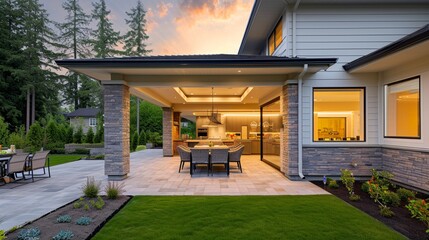 New luxury home exterior at sunset. Features large covered patio with barbecue, outdoor kitchen, and furniture