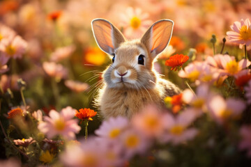 bunny among wildflowers, funny big-eared rabbit in the field.