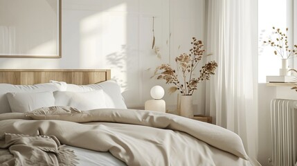 Pastel beige and grey bedding on bed. Minimalist, french country interior design of modern bedroom.