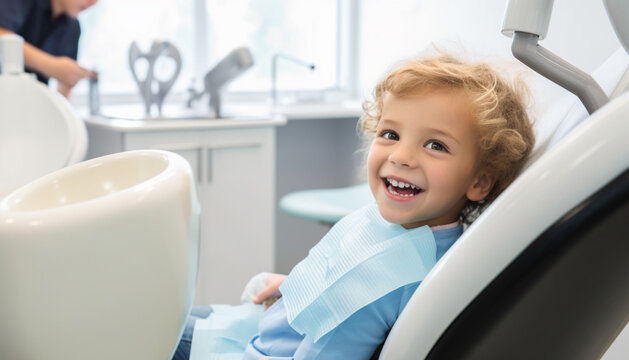 A child sitting in a dental clinic chair smiles at a dentist before undergoing a oral inspection