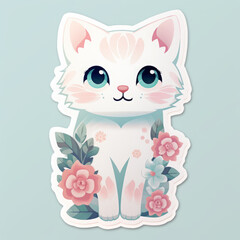 Obraz premium cute white cat, sticker in pink and aquamarine tones. kitty, kitten and flowers. pet icon.