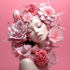 3d rendering of a beautiful woman with pink flowers in her hair, Ai Generated