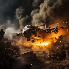 Plane crash. Military plane crash. The plane is on fire and smoke. Military aviation explosion. The plane flies over the fire. War, terrorist attack, terrorist attack, military action.
Generative ai
