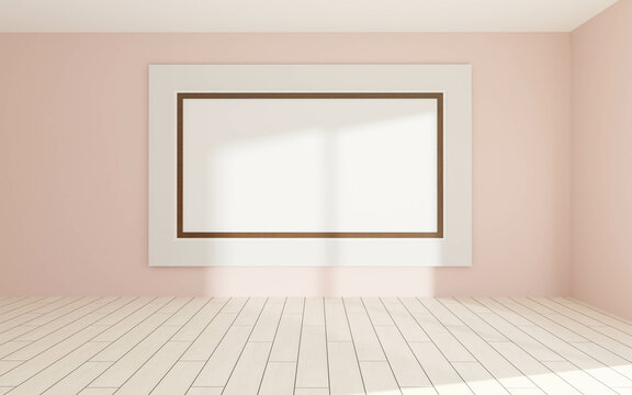 An Empty Room with a Picture Frame on the Wall With a Podium, Simple Setup for Presentations, Speeches, Events 3d render illustration